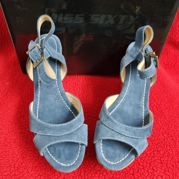 Miss sixty blue denim look suede Cork effect wedged sandals. Size 37 uk 4Bnib - Picture 2 of 4